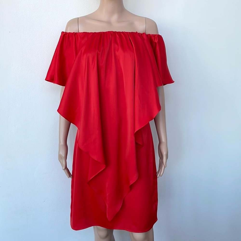 FORAVI RED DRAPED SATIN DRESS, S